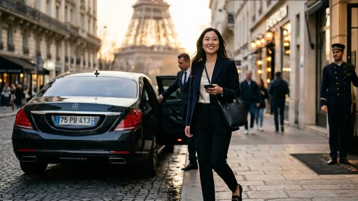 Traveler arriving at luxury hotel via premium transfer with Titanium status