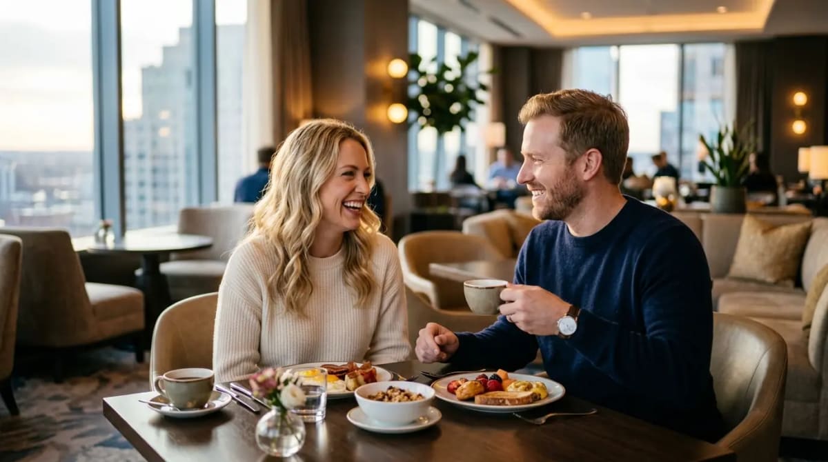 Travelers relaxing in M Club lounge with Titanium Elite perks