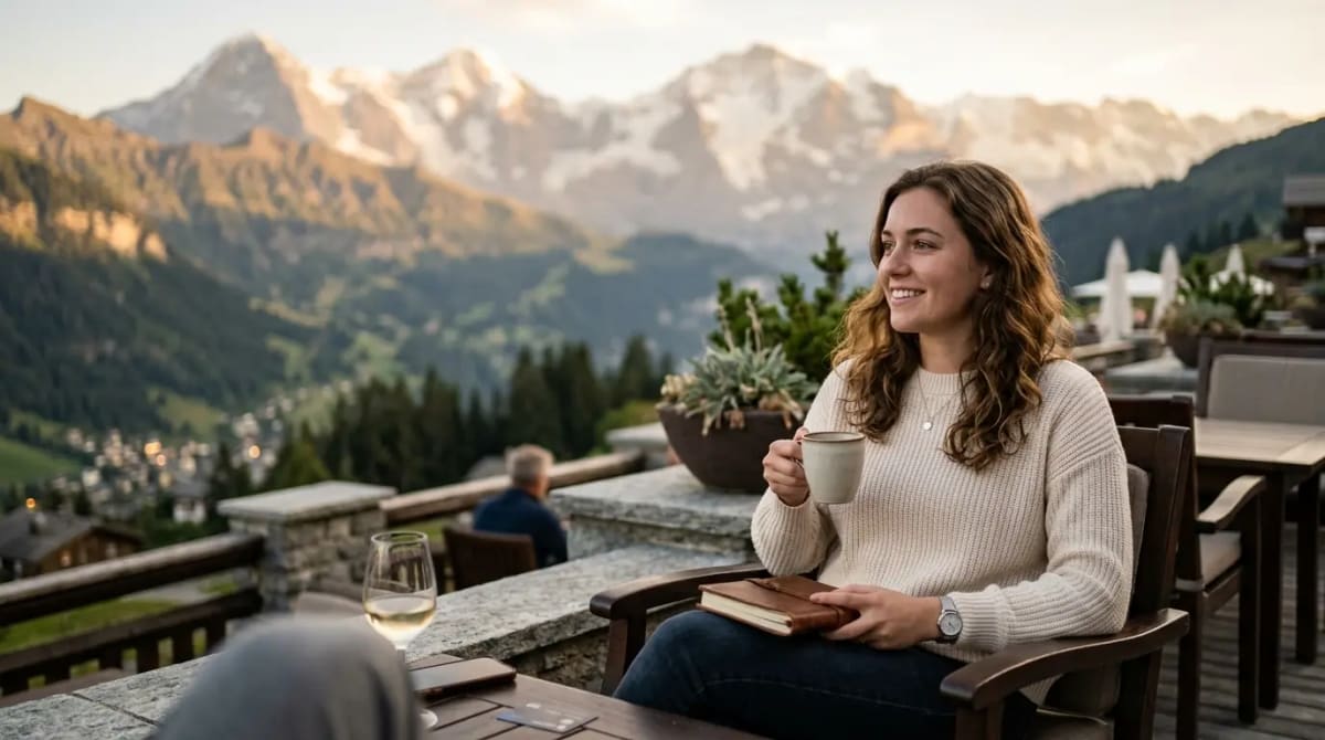 Traveler enjoying spend-based elite status unlocks on mountain terrace