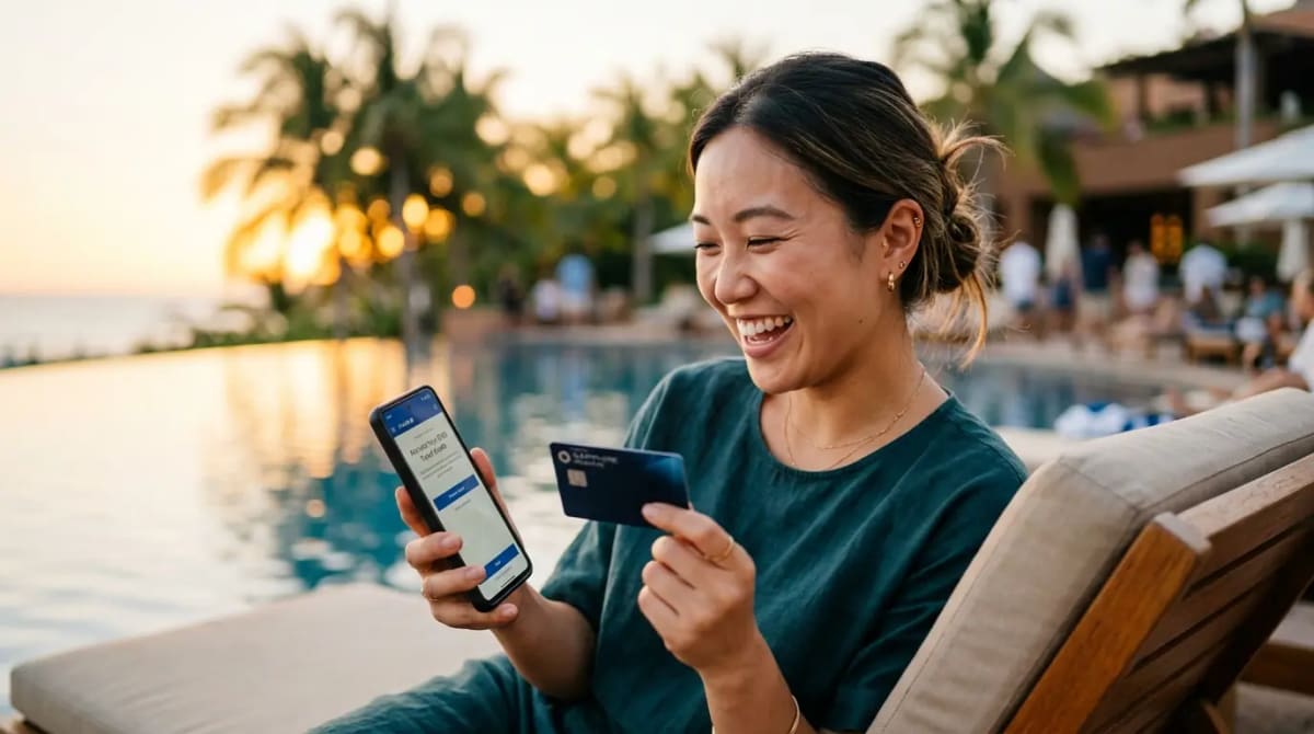 Traveler enjoying statement credits poolside at luxury resort