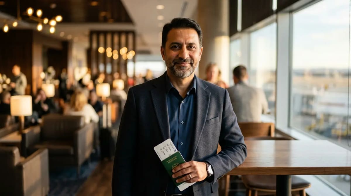 Professional traveler in premium airport lounge using Amex Platinum airline incidental credit 2026
