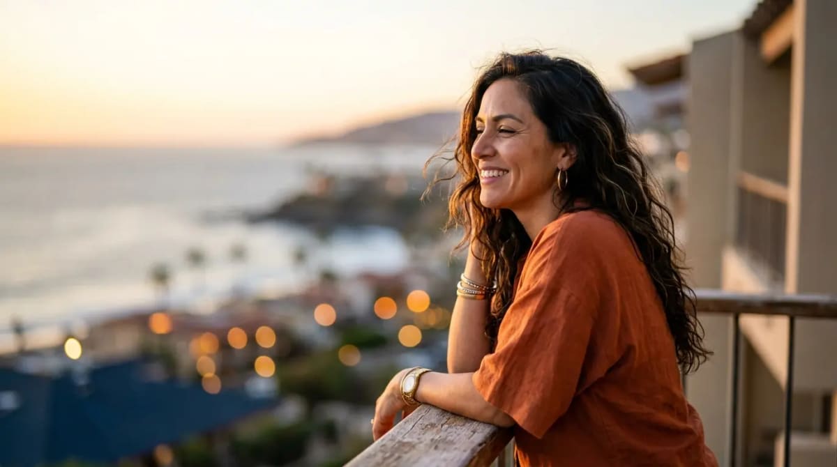 Happy traveler on luxury hotel balcony at golden hour using Amex Platinum $600 hotel credit 2026