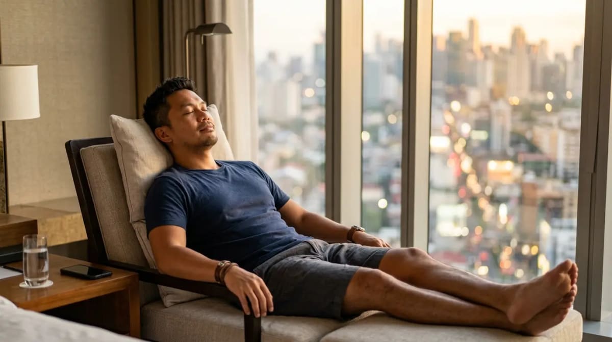 Relaxed traveler unwinding in luxury hotel suite with Amex Platinum digital entertainment credit 2026