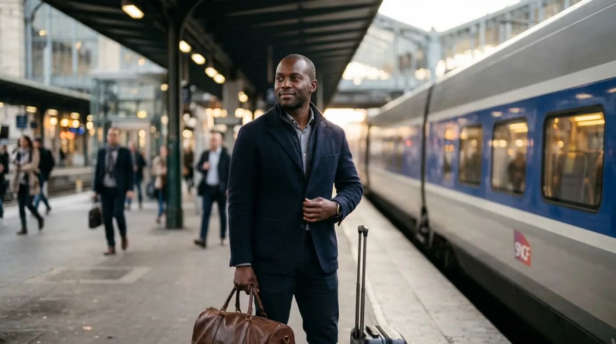 Thoughtful traveler at high-speed train station platform enrolled in Amex Platinum benefits 2026