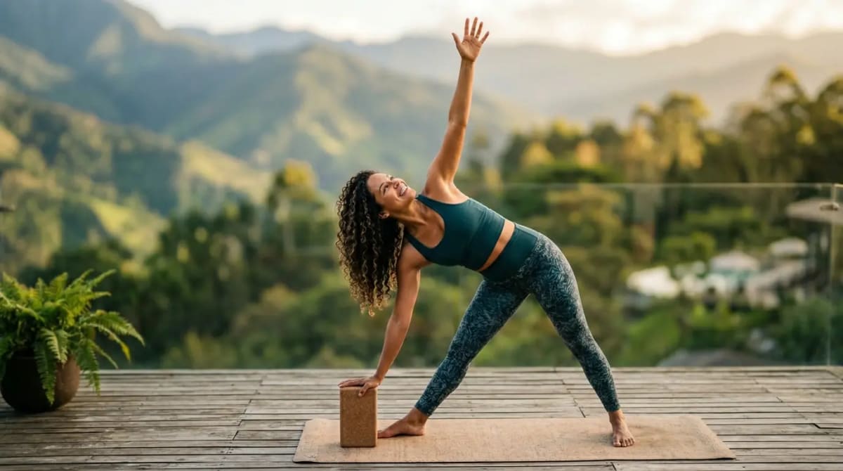 Wellness-focused traveler on mountain terrace maximizing Amex Platinum Equinox and CLEAR credits 2026