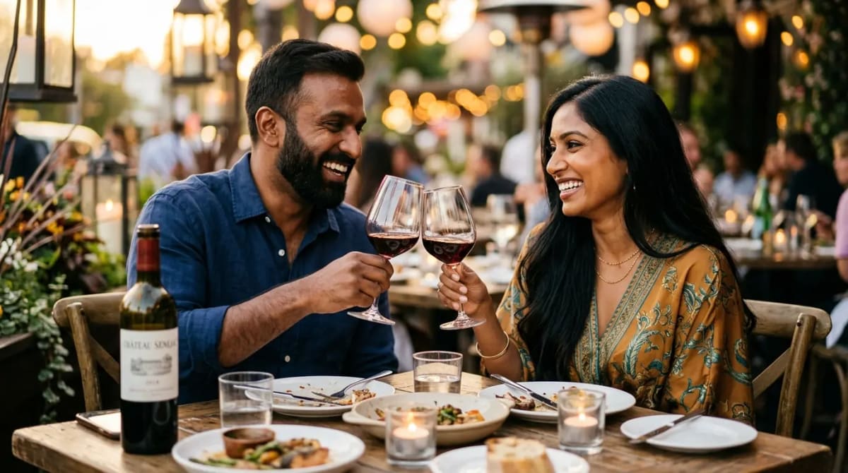 Joyful couple toasting at upscale rooftop restaurant with Amex Platinum Resy credit 2026
