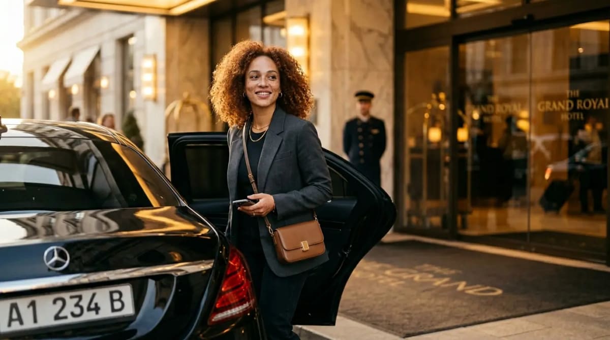 Stylish traveler arriving by luxury black car at hotel using Amex Platinum Uber credits 2026