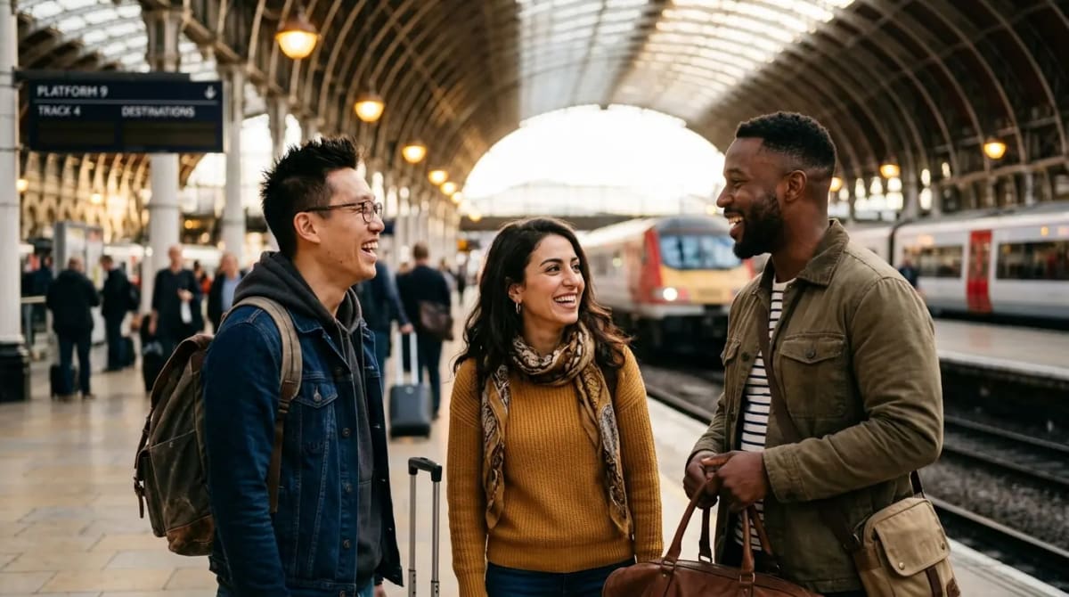 Group of friends experiencing travel protections like trip insurance on train platform Venture X benefits 2026