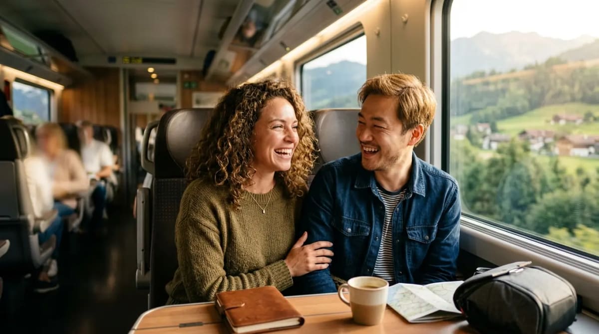 Diverse couple celebrating 75000 mile welcome bonus on high-speed train Capital One Venture X 2026