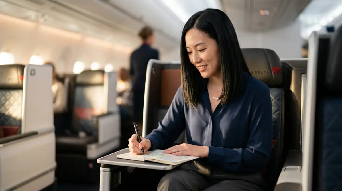 Delta SkyMiles Platinum vs Reserve 2026 earning SkyMiles on everyday spend in business class cabin golden hour
