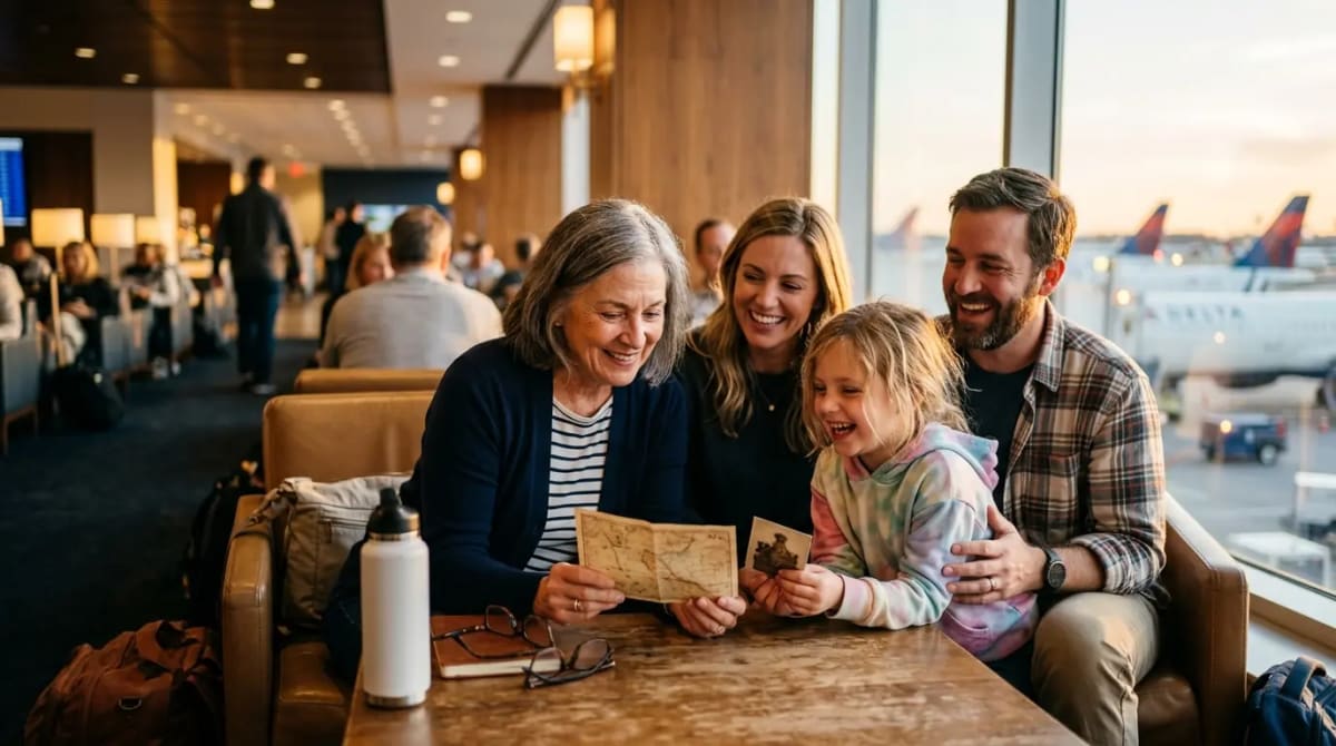 Delta SkyMiles Platinum and Reserve 2026 free checked bags for groups in premium airport lounge golden hour