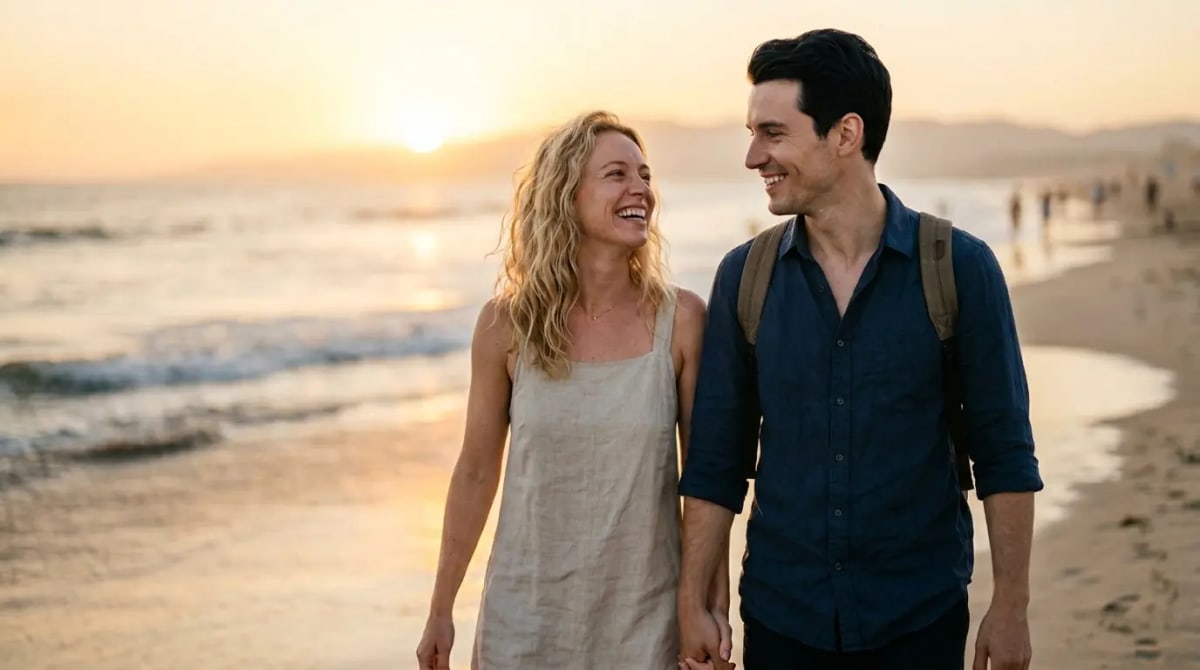 Travelers reflecting on effortless $424 Amex Gold card credits maximization at golden hour beach