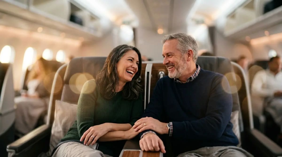 Travelers experiencing pitfall-free credit tracking peace of mind in business class