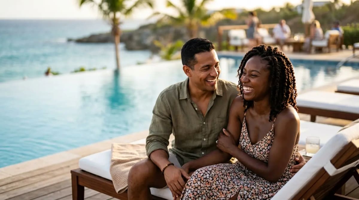 Travelers maximizing dining credit with Grubhub and partners poolside at luxury resort