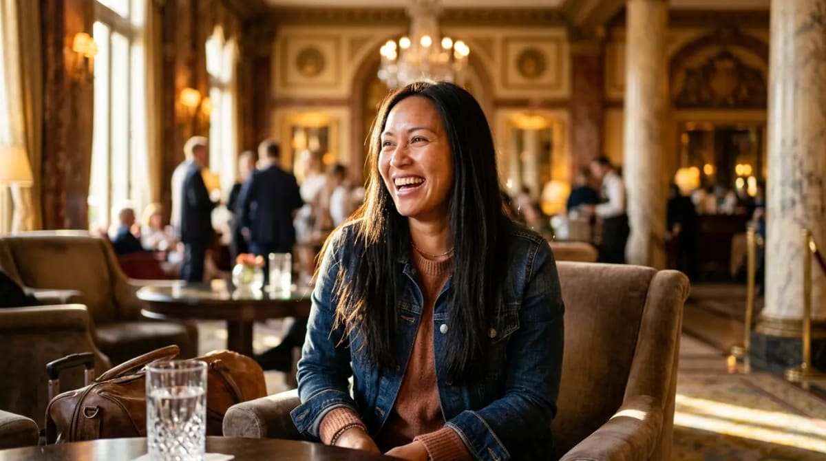 Traveler enjoying everyday Dunkin credit simplicity in five-star hotel lobby