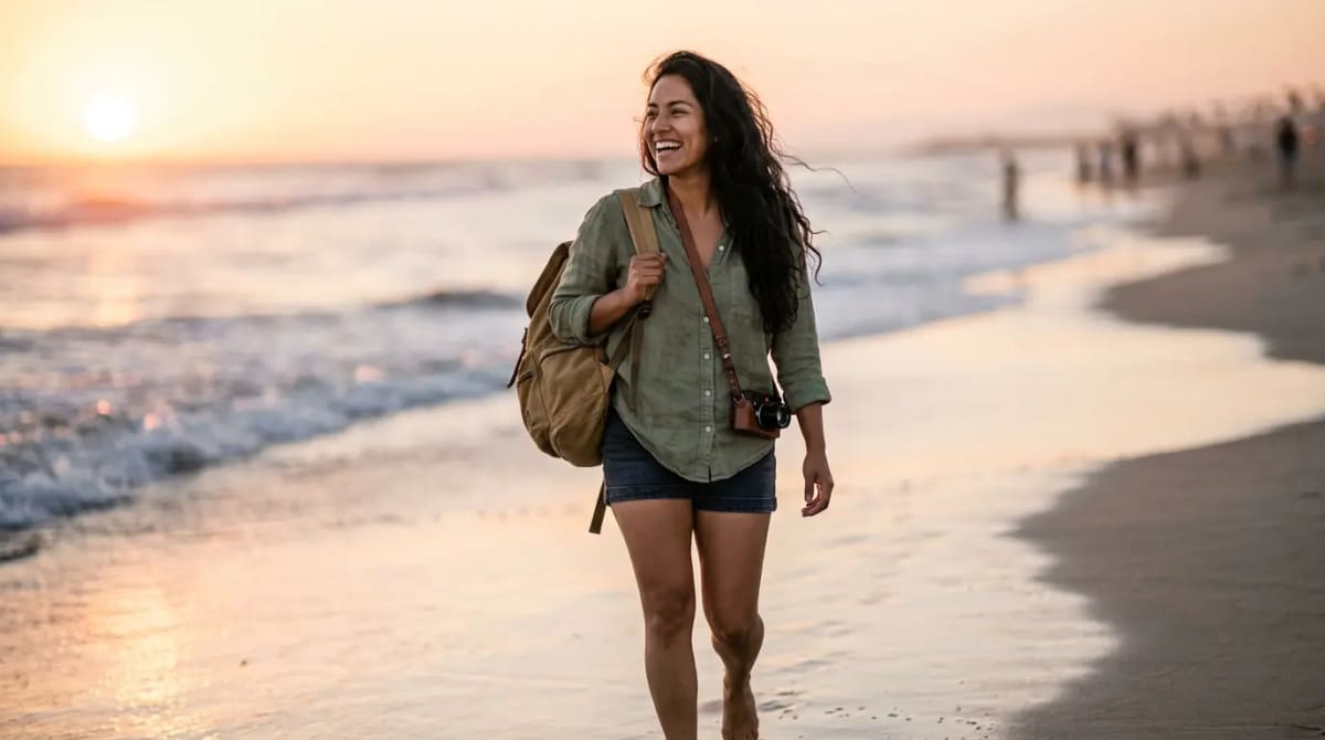 Traveler feeling protected by Amex Gold trip delay and baggage insurance on beach
