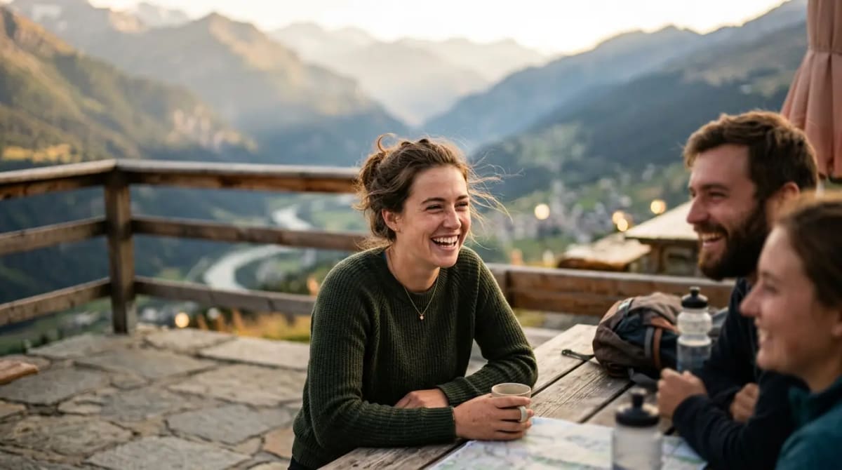 Travelers using Amex Gold Hotel Collection room upgrade on scenic mountain terrace