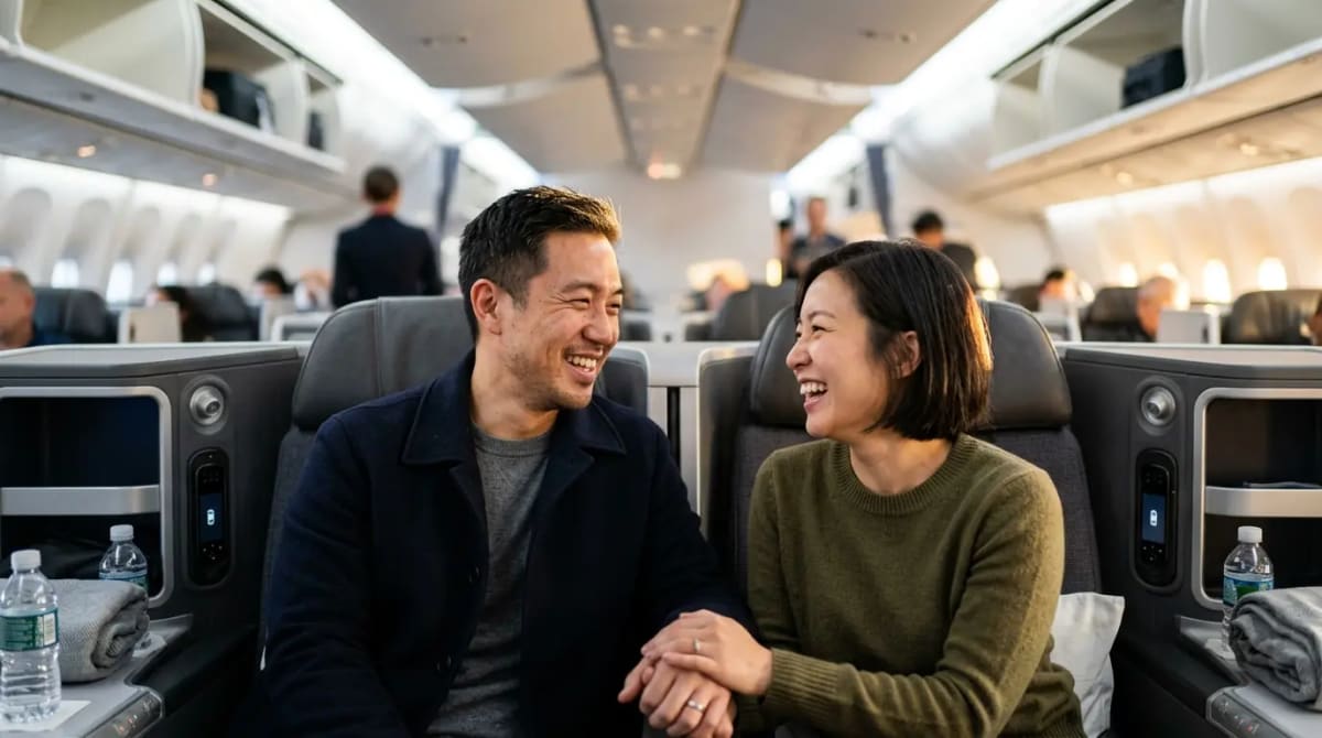Traveler in business class without Priority Pass or lounge access on Amex Gold 2026