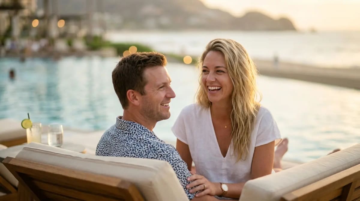 Travelers choosing Amex Gold value over Platinum lounge access at luxury resort pool