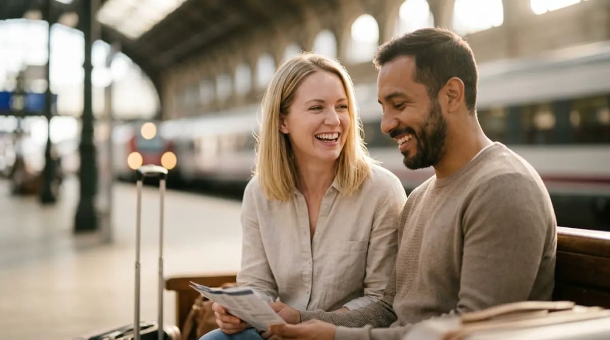 Couple at elegant train station platform appreciating Chase Sapphire Reserve additional perks