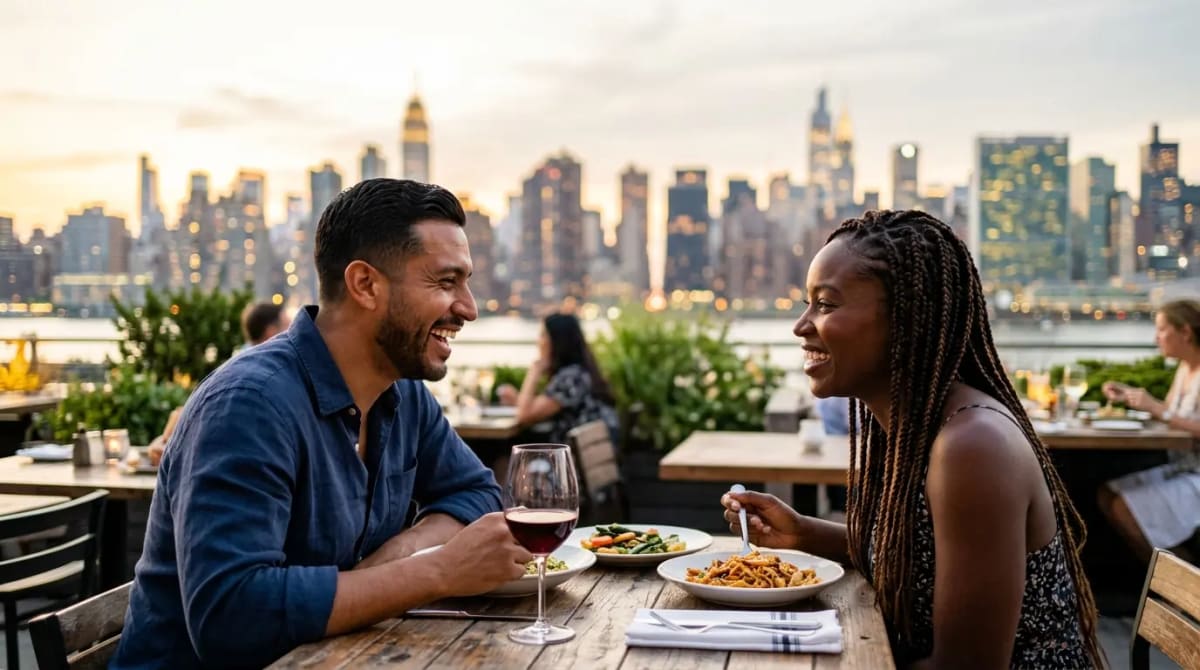 Couple dining at upscale rooftop restaurant using Chase Sapphire Reserve dining credit