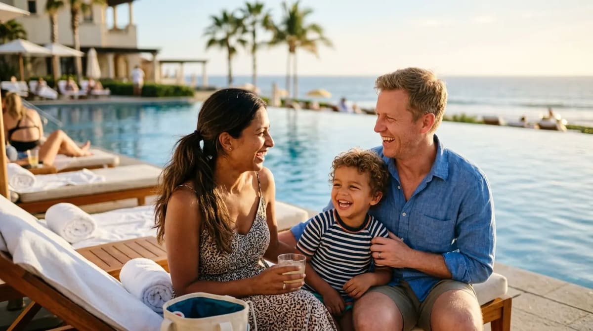 Family enjoying ocean view resort pool with Chase Sapphire Reserve travel and hotel credits