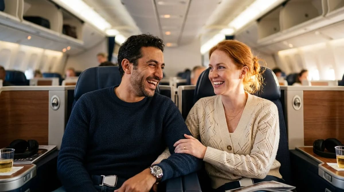 Family earning elite points and perks on business class flight to resort stay