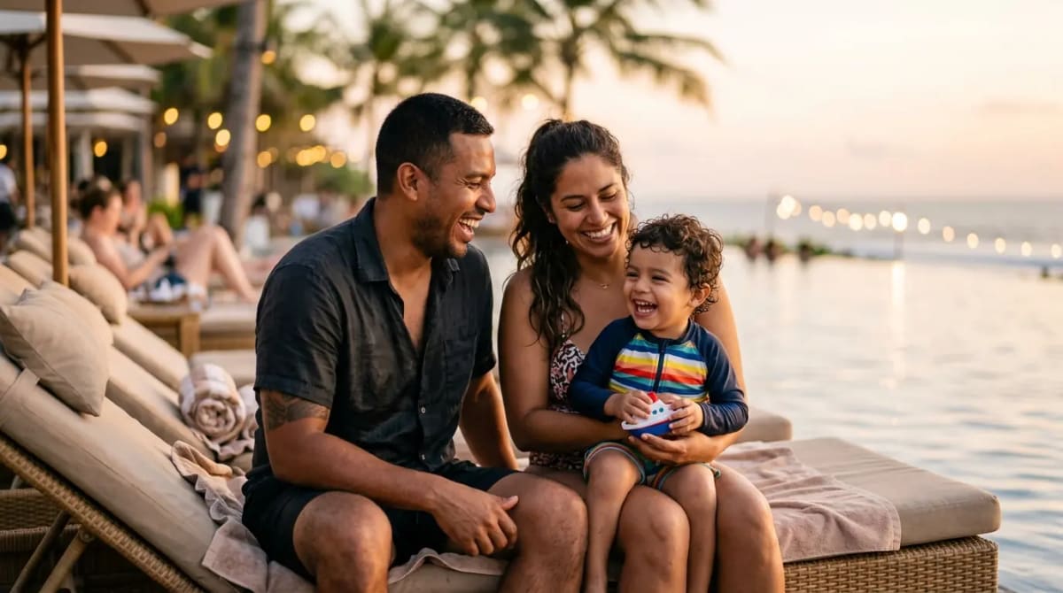 Family maximizing multi-room 5th night free at high-end resort pool with ocean views