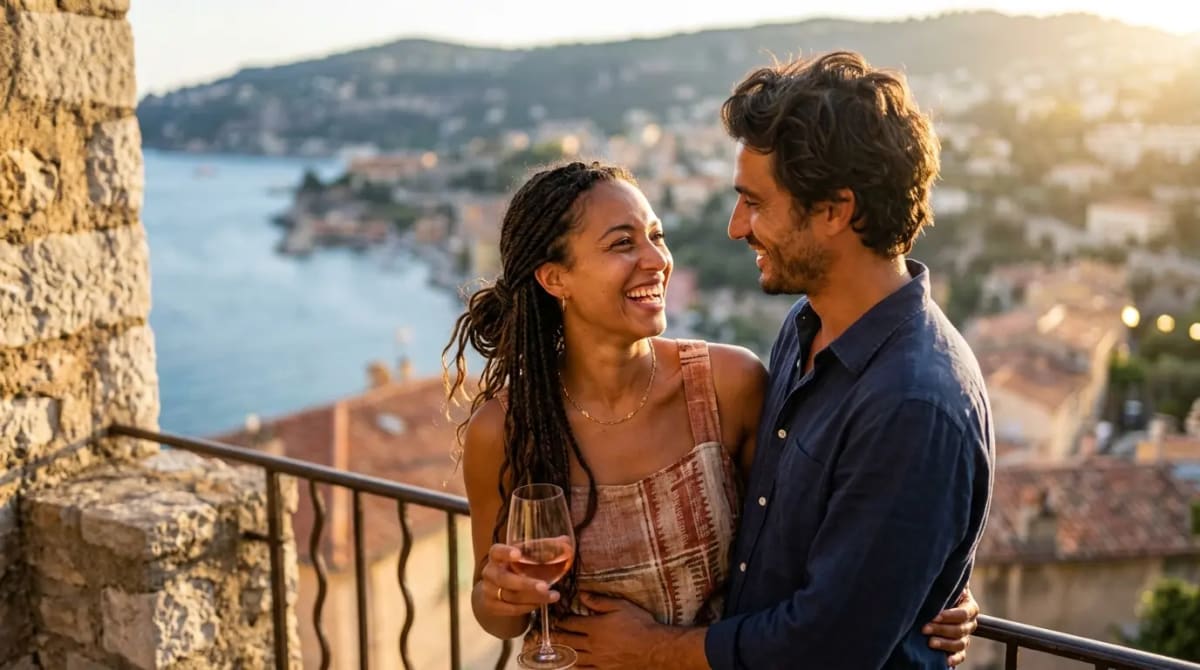 Travelers using 2026 Free Night Award top-off at luxury resort balcony golden hour
