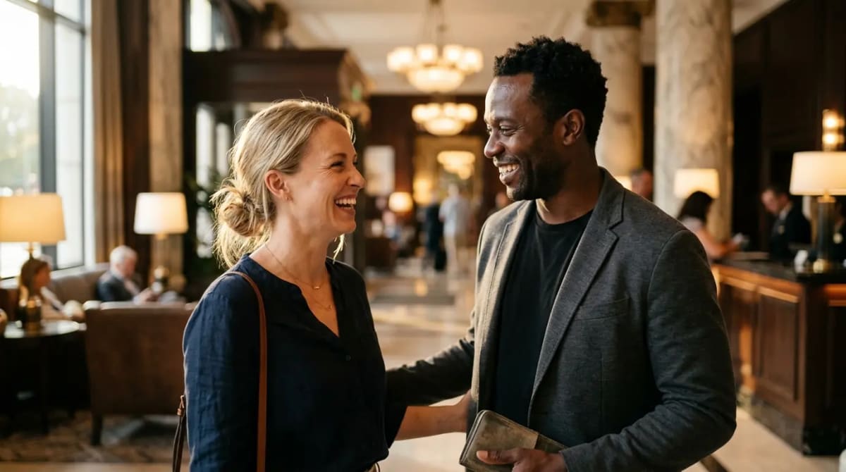 Travelers confirming successful 5th night free booking in five-star hotel lobby