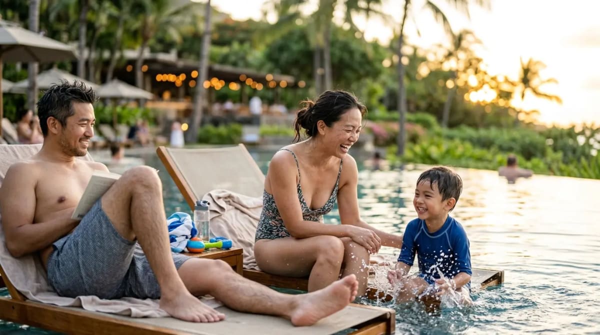 Family relaxing poolside at kid-friendly luxury resort with 5th night free value