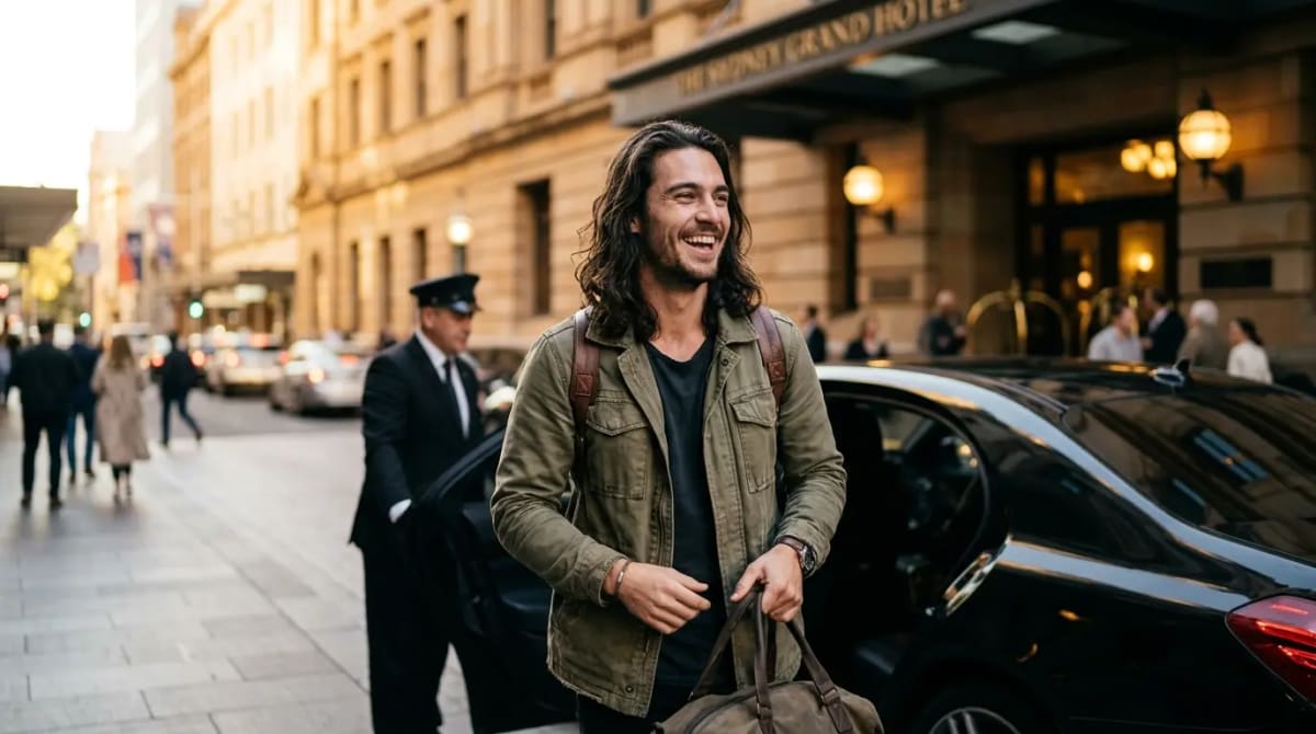 American traveler arriving by luxury private transfer at grand hotel after Capital One Qantas transfer bonus