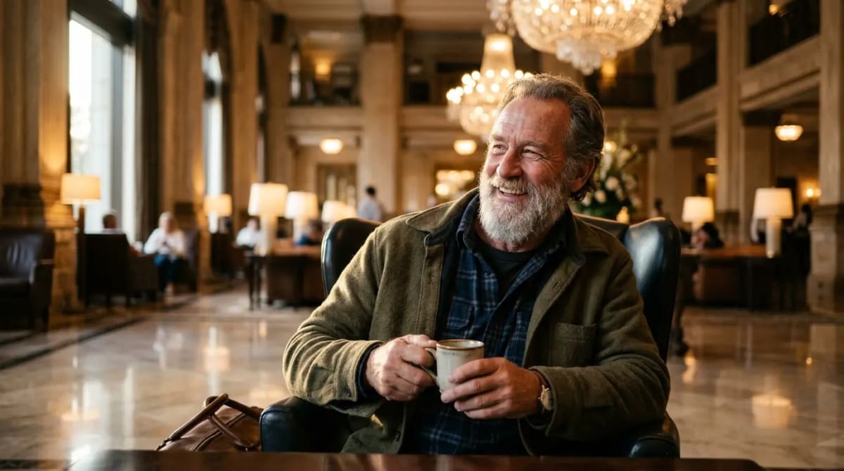 American traveler in opulent five-star hotel lobby after using Chase Marriott transfer bonus for luxury stay