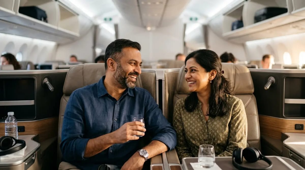 American traveler in business class airplane cabin at sunset using Chase Flying Blue transfer bonus