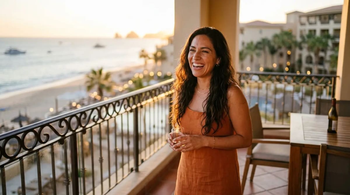 American traveler on luxury hotel suite balcony at golden hour after Citi Leading Hotels transfer bonus