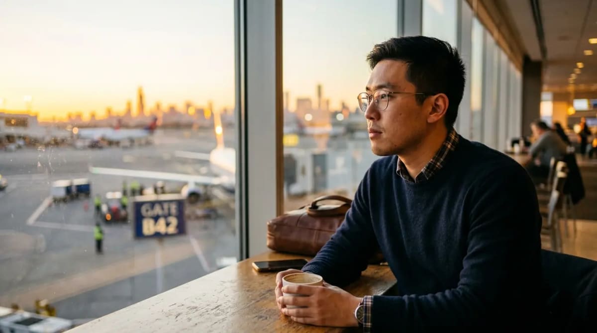 American traveler in premium airport lounge at golden hour planning credit card points transfers for award travel