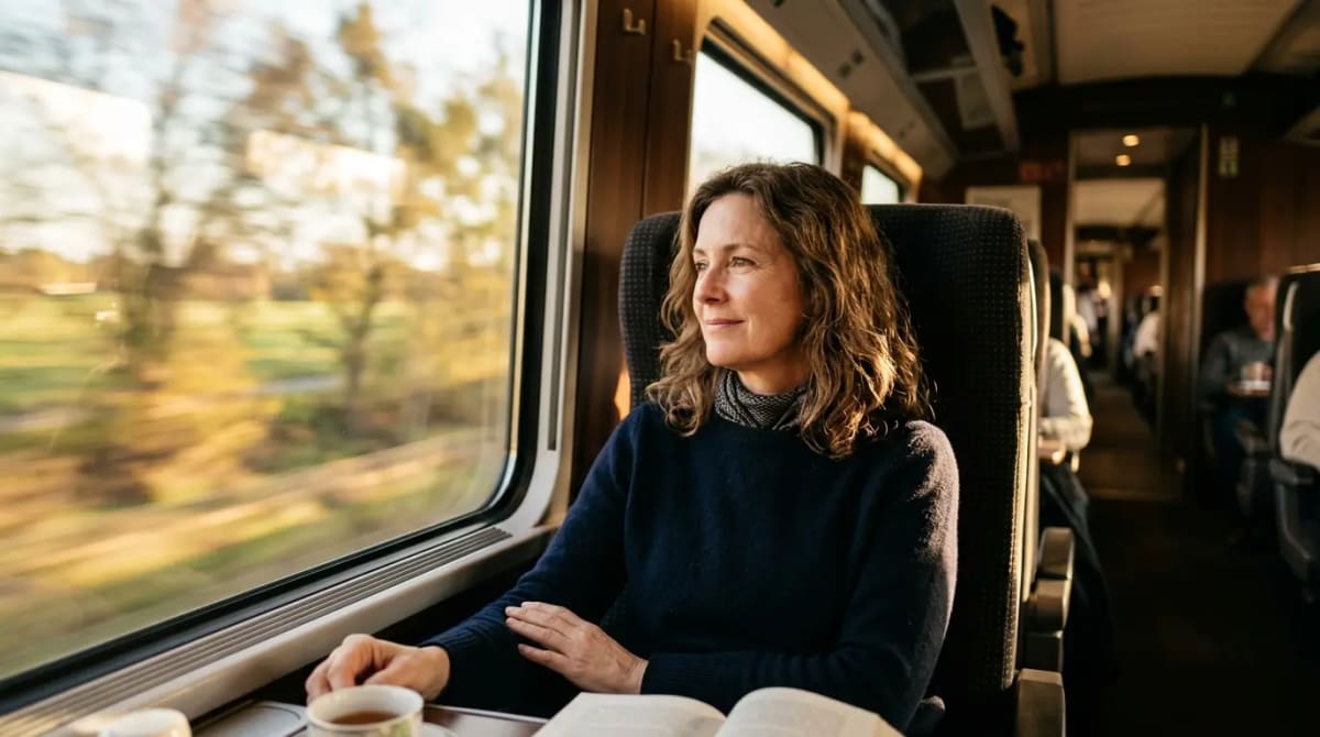 American traveler seated in business class rail car with reassured expression after learning about transfer bonuses