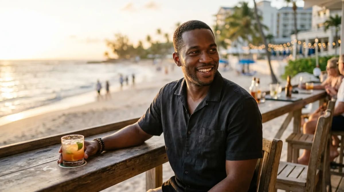 American traveler walking on pristine beach at golden hour near luxury resort after finding high-value points sweet spots