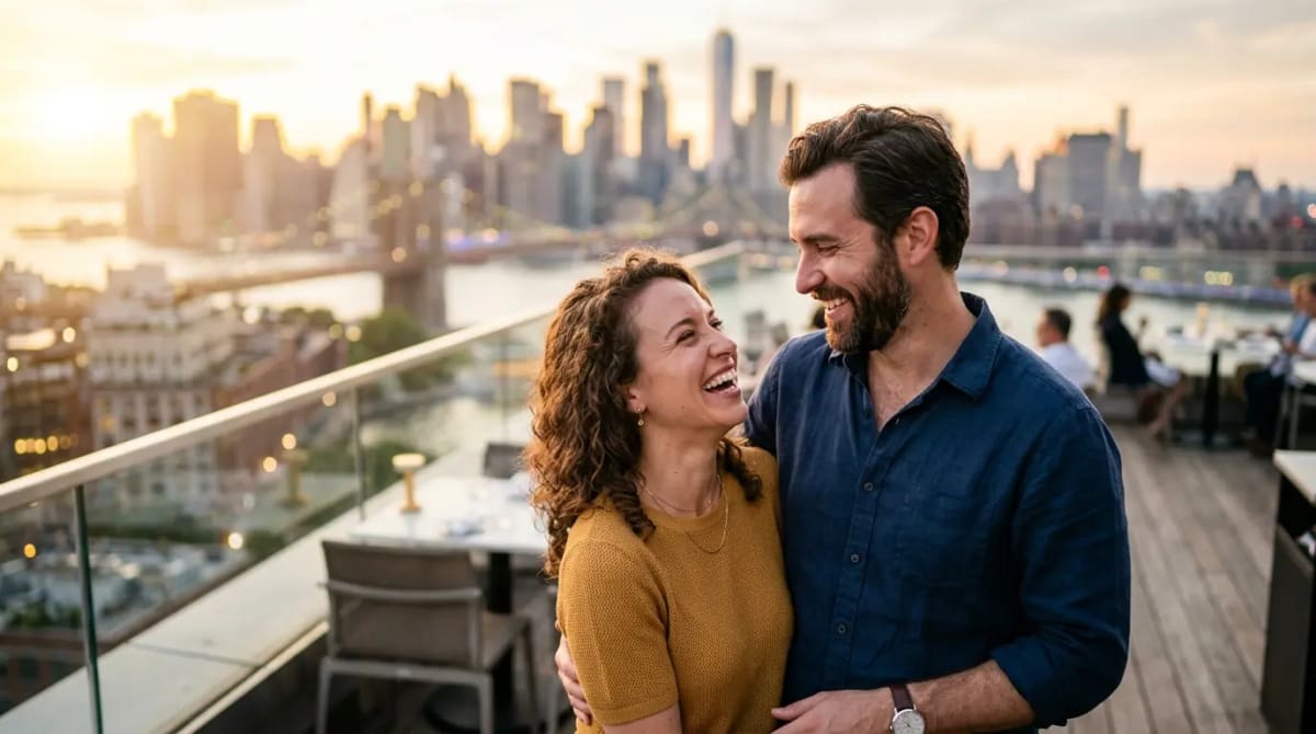 American couple on upscale rooftop terrace at golden hour comparing May 2026 points transfer bonuses
