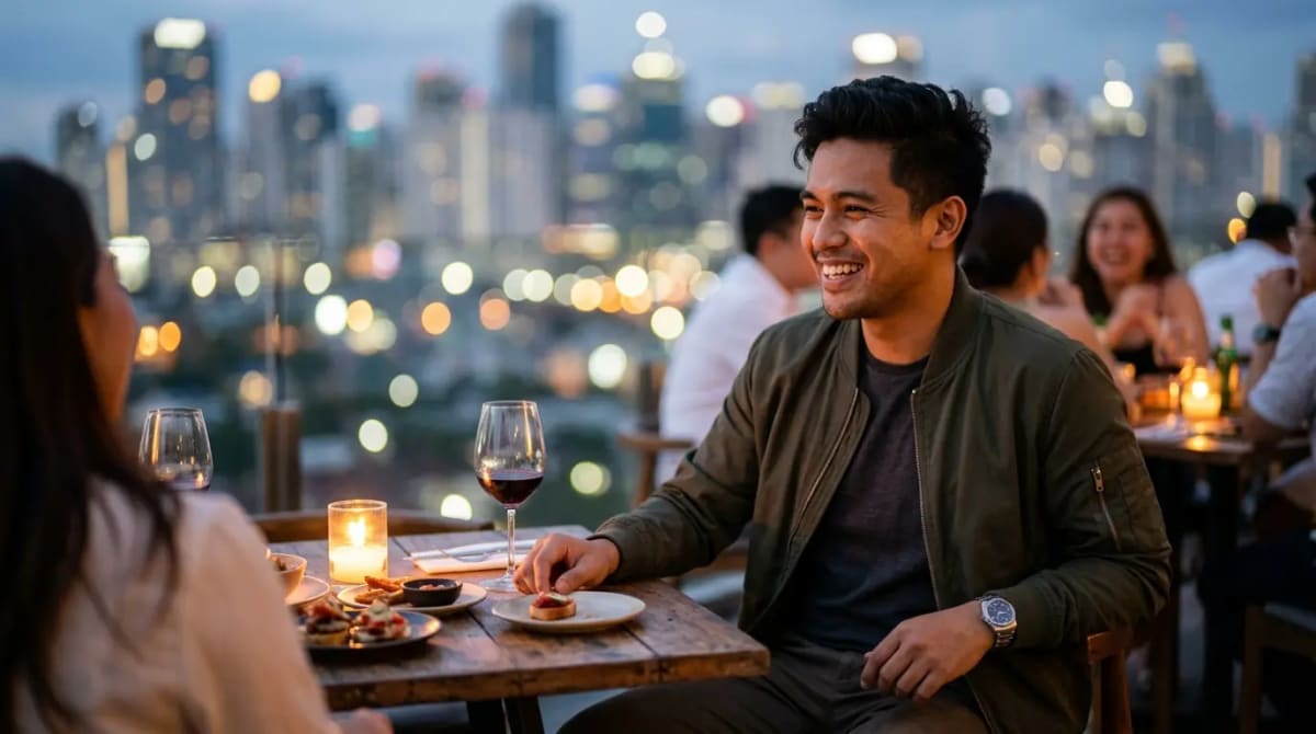 Traveler savoring refined dining experience on upscale rooftop with city views at dusk