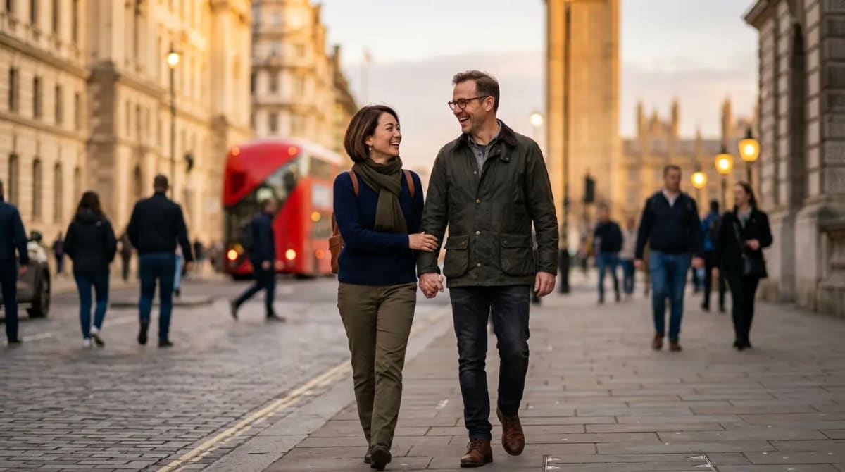 Happy couple strolling golden-hour city street near iconic landmark discussing premium card options