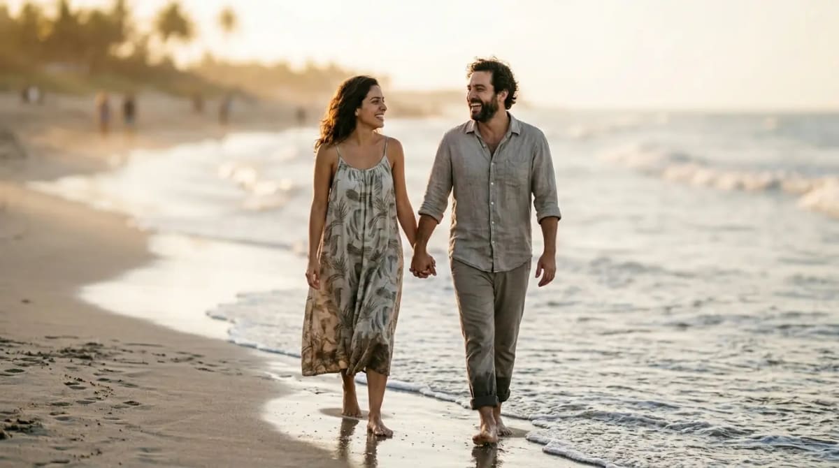 Relaxed couple walking barefoot along golden-hour shoreline reflecting on perfect premium travel choice