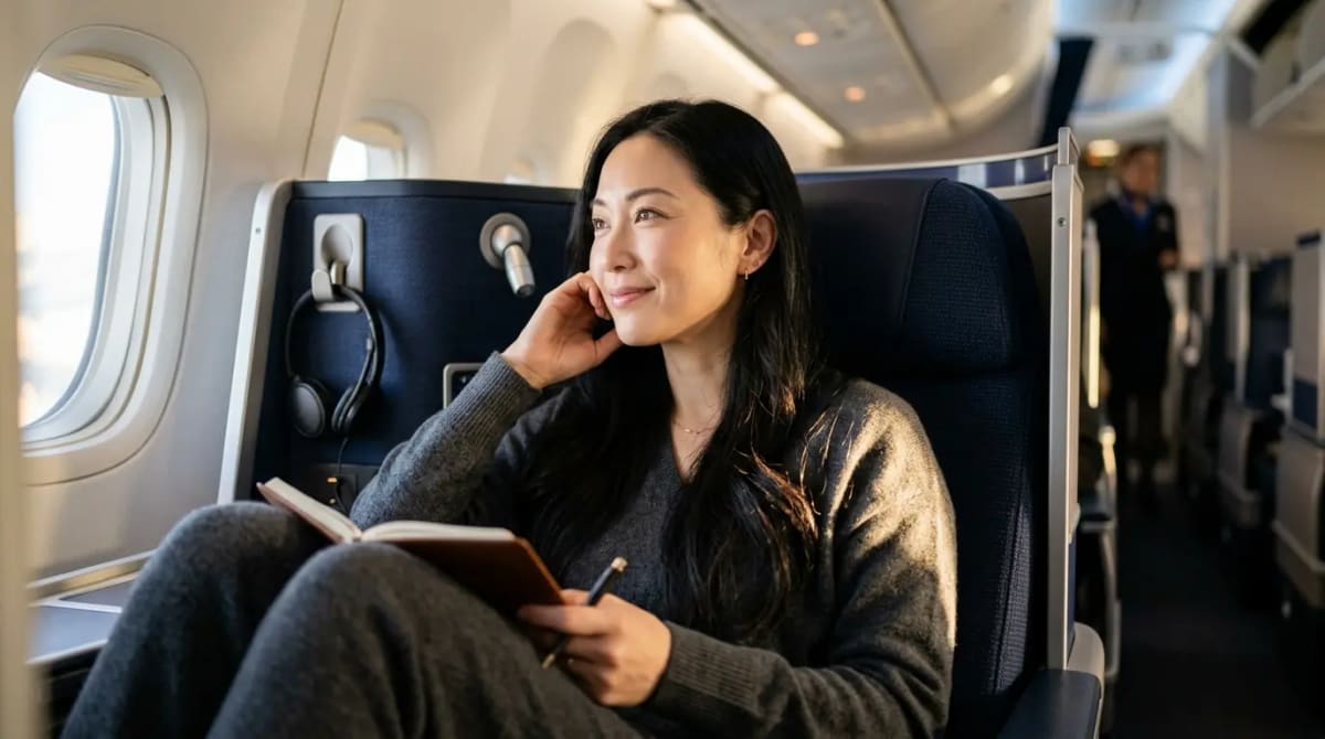 Traveler relaxing in business class cabin earning maximum points on premium flight
