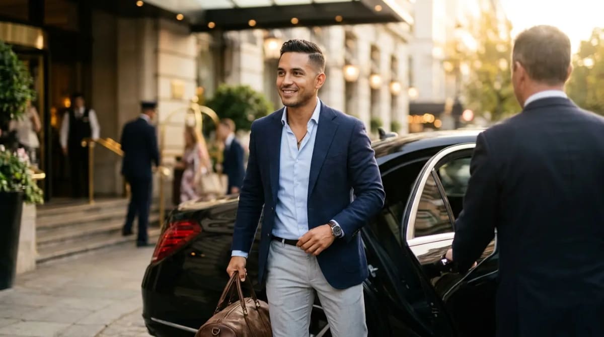 Traveler stepping from luxury private transfer at five-star hotel appreciating welcome bonus value