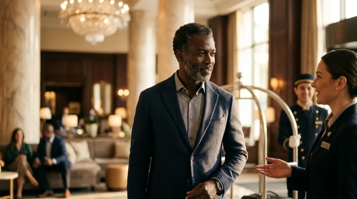 Traveler receiving VIP welcome with elite hotel status in grand five-star lobby