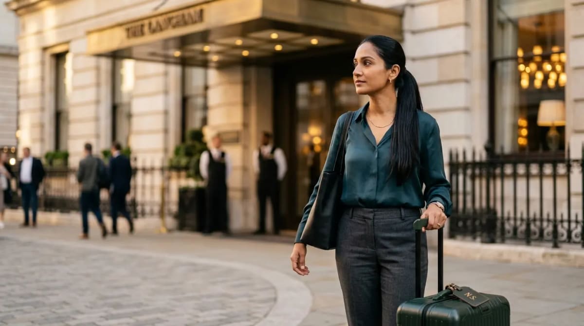 Confident traveler with luggage outside luxury hotel realizing positive net card value