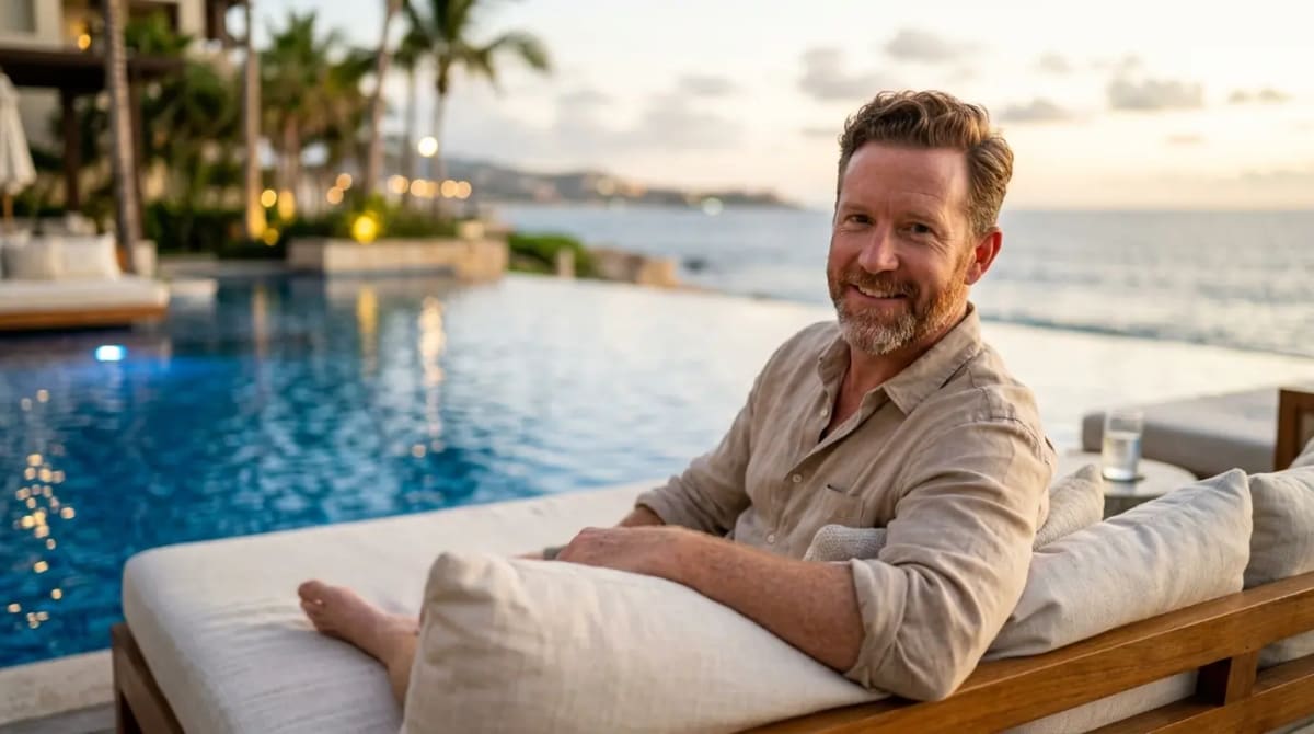 Traveler enjoying blissful poolside relaxation at oceanfront resort offset by statement credits