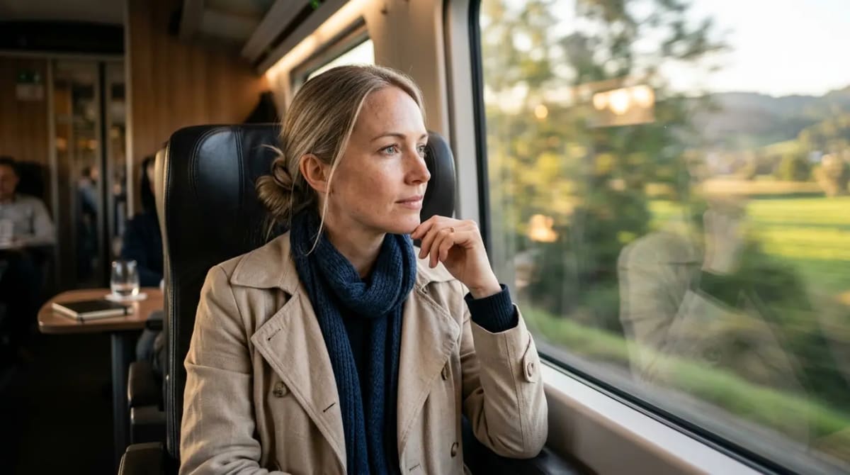Traveler enjoying seamless scenic journey in business class high-speed rail car