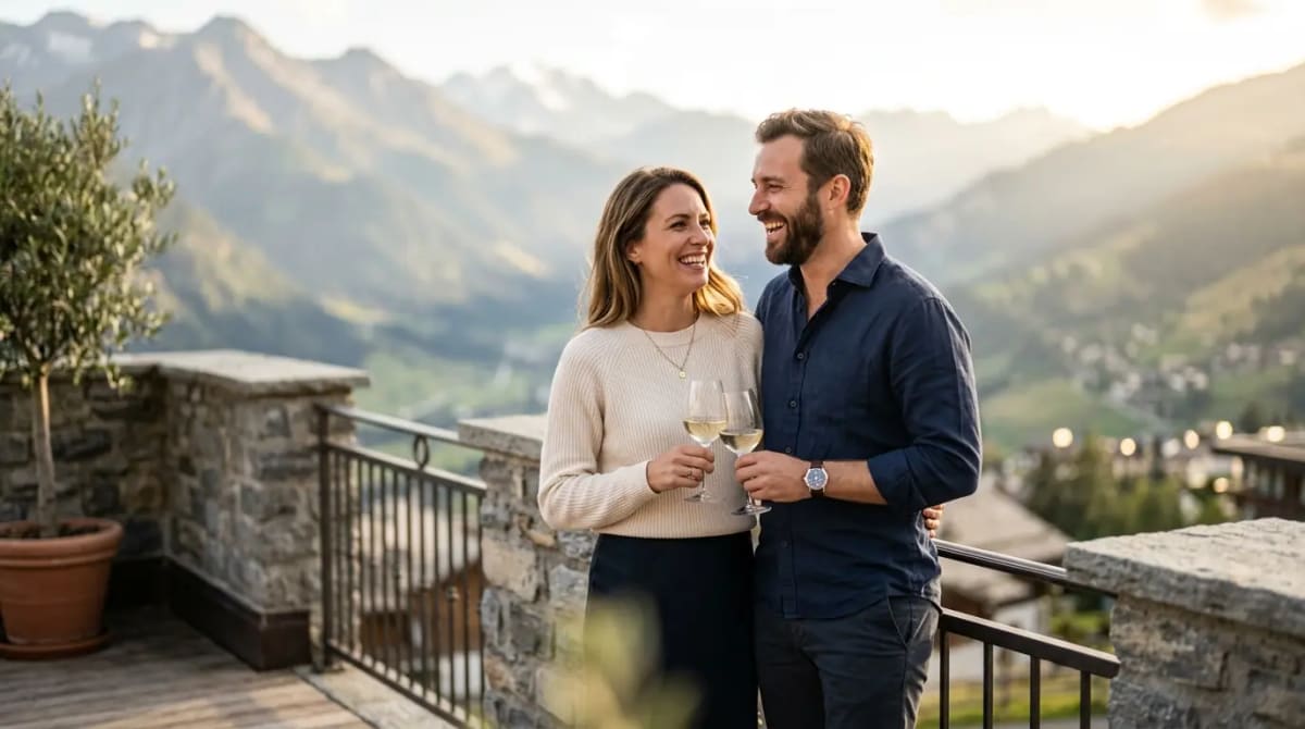 Happy couple experiencing worry-free peace on mountain-view terrace at luxury resort