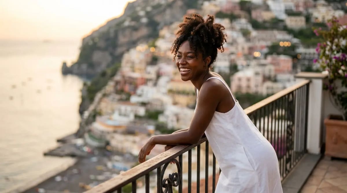 Traveler reflecting with clarity on private luxury hotel suite balcony at golden hour